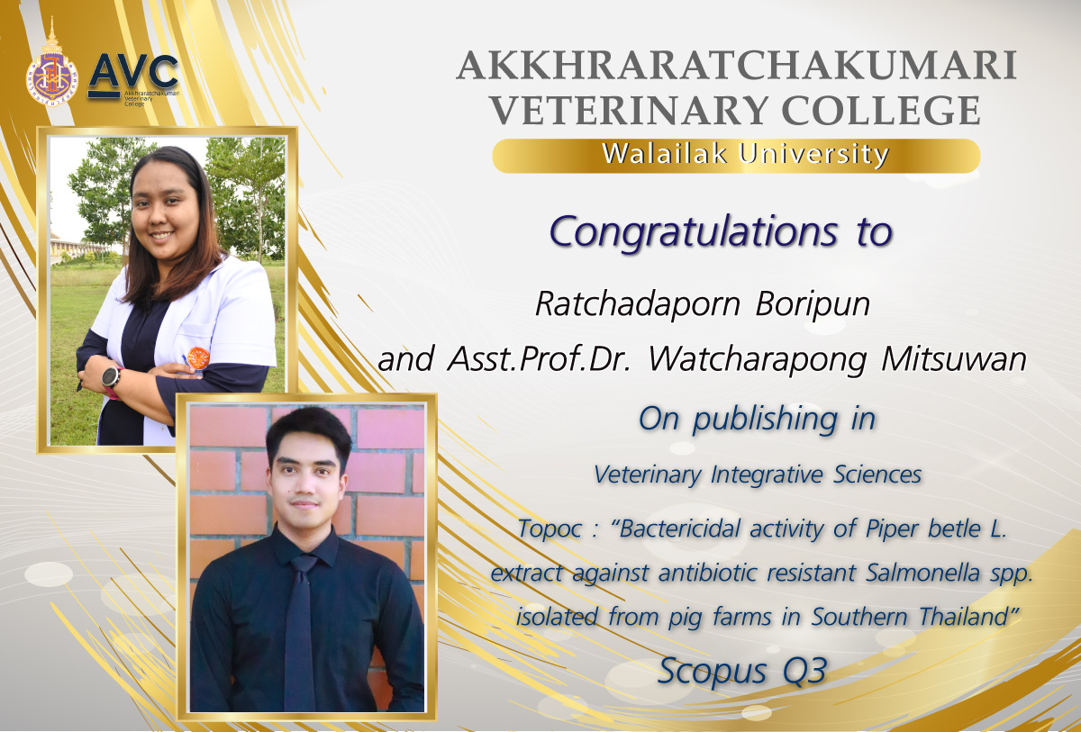 Congratulations on publication in Veterinary Integrative Sciences (Q3) Dr. Ratchadaporn Boripun and Asst.Prof.Dr. Watcharapong Mitsuwan